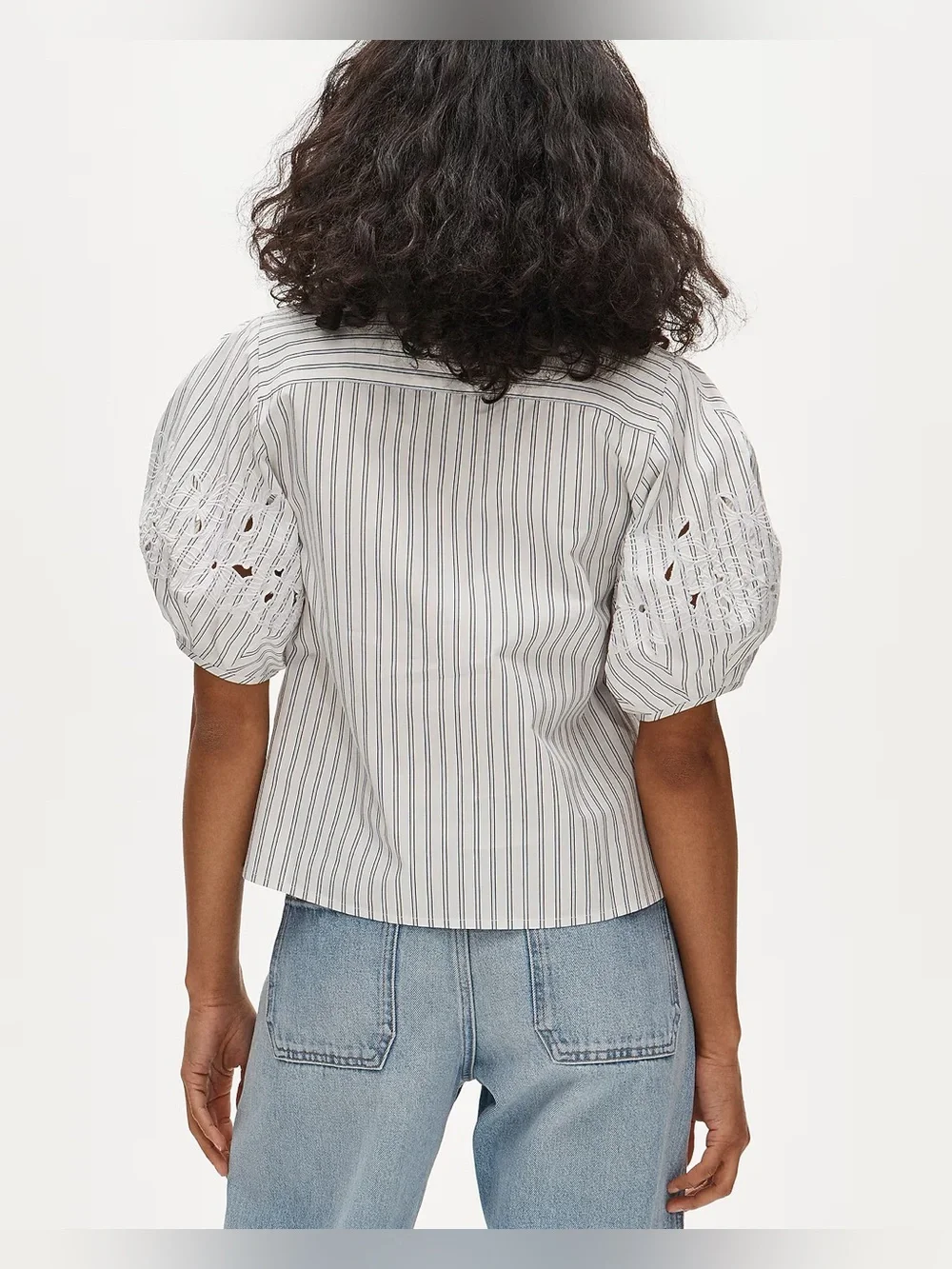 J.Crew Eyelet puff-sleeve shirt in striped cotton poplin in ivory blue